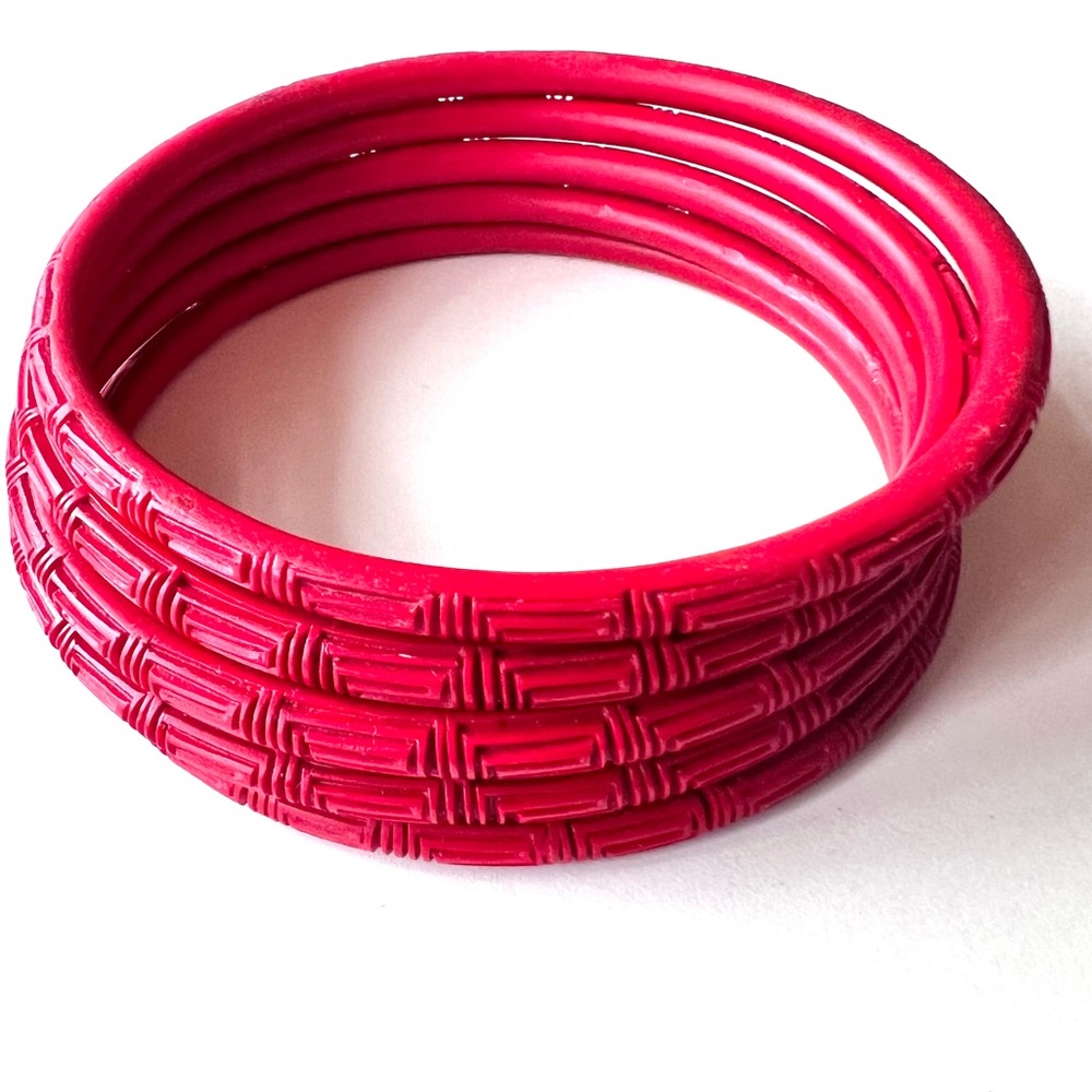 Vintage Bangles Cinnabar Red Carved Set Lot of Bracelets Asian Jewelry